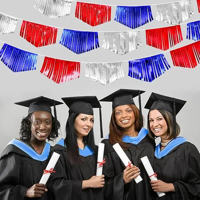 Blue Red Silver Tassel Banner Metallic Fabric Pennant Bunting Flag for 4th of July American USA National Day Patriotic Veterans Graduation Wedding Birthday Retirement Nautical Party Decorations by GreenHaven Gardens