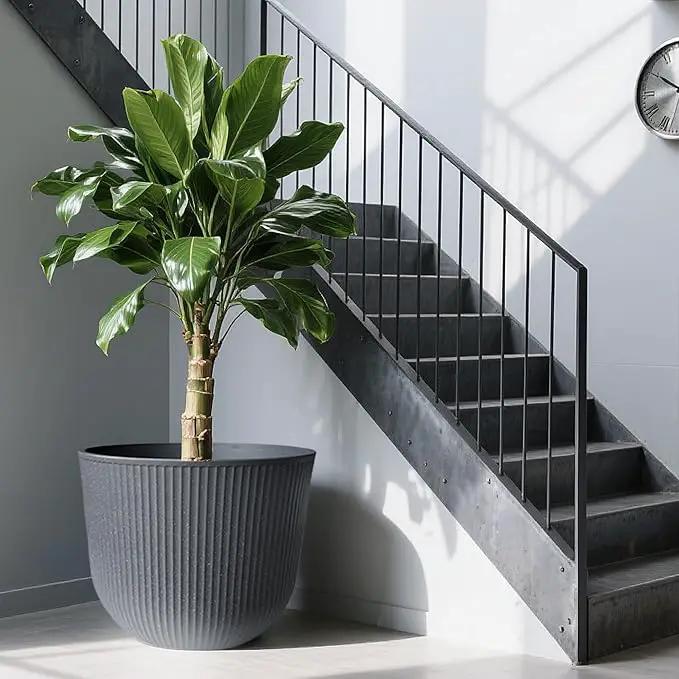 WORTH Garden Round Large Planter Pot 1-Pack - 17.5" Dia x 15.5" H - Durable Plastic Grey Plant Tree Pots with Vertical Stripe Textured Finish, Drainage Hole for Indoor, Outdoor, Front Porch, Patio by GreenHaven Gardens