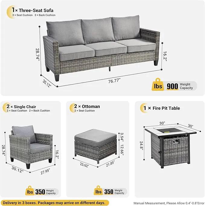 ovios 6 Pieces Patio Furniture Set with 30" Fire Pit Table, Outdoor Wicker Sofa with Comfy Cushions, All Weather High Back Rattan Couch Conversation Set, Dark Grey by GreenHaven Gardens