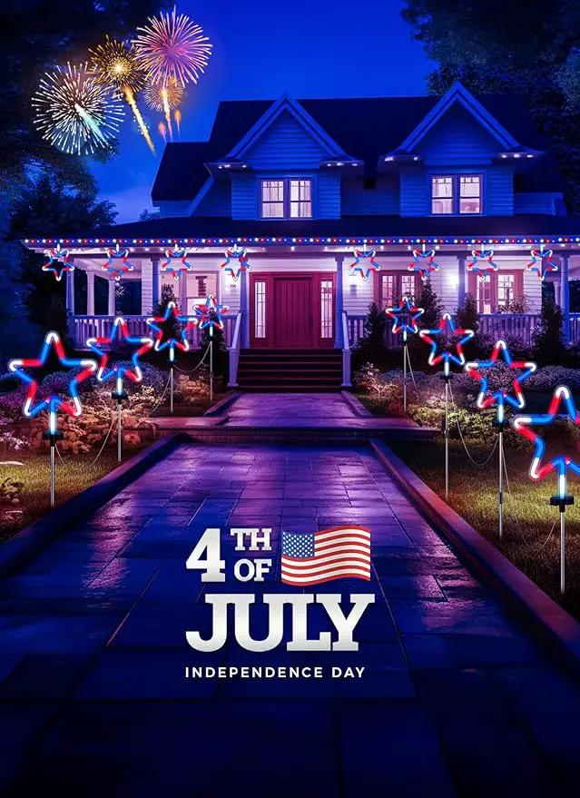 4th of July Decorations Outdoor Red White and Blue Lights, 4 Big Neon Star Pathway Lights Plug in for Independence Day Memorial Day Patriotic Decor Outside Garden Yard Lawn by GreenHaven Gardens