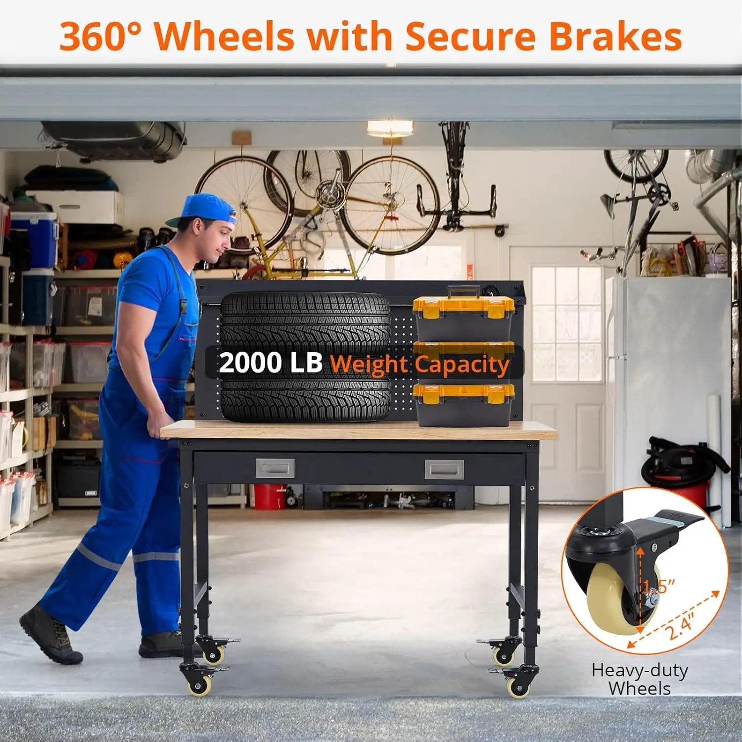 48x24 Inch Heavy-Duty Adjustable Workbench with Rubber Wood Top – 2000LB Capacity Mobile Garage Workstation with Drawer&Backplate, Ideal for Workshop, DIY & Tool Storage by GreenHaven Gardens