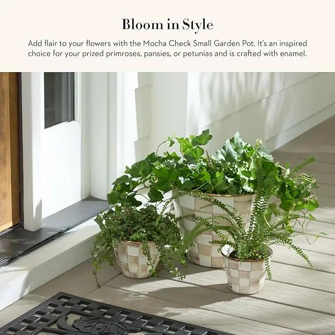MACKENZIE-CHILDS Enamel Garden Pot, Decorative Pot for Plants, Outdoor Flowerpot Decor, Small, Brown-and-White Mocha Check by GreenHaven Gardens