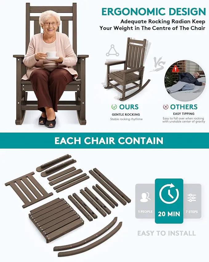 SERWALL Outdoor Rocking Chair Set of 2, HDPE Rocking Chairs for Adult, All Weather Porch Rockers for Lawn Garden, Coffee by GreenHaven Gardens