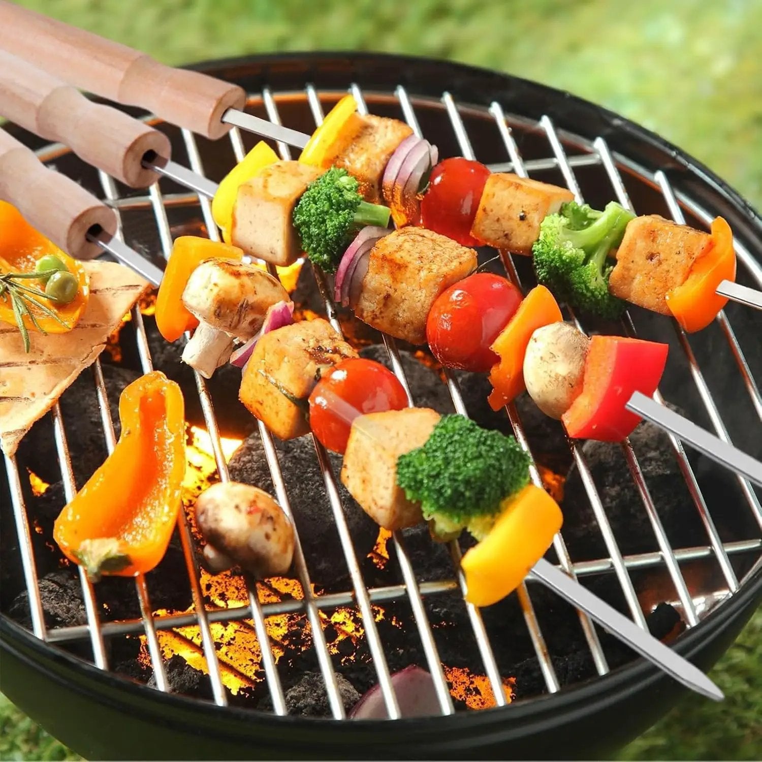 10 Pcs Kabob Skewers, 16IN Metal Skewers for Grilling, Premium Stainless Steel Flat Kebabs, with Wooden Handles Insulated Reusable BBQ Set by GreenHaven Gardens