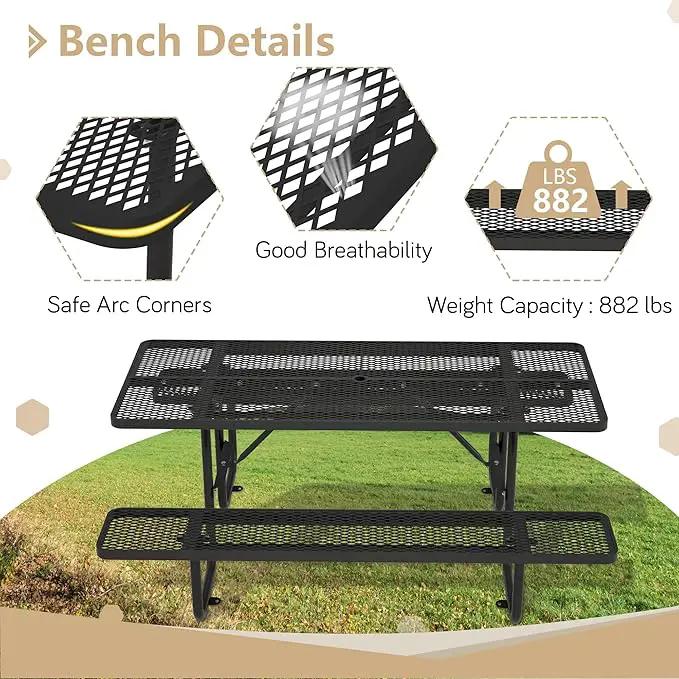 72'' Steel Rectangular Picnic Table for Outdoors, Expanded, Lifetime Picnic Table with Umbrella Hole, Heavy Duty Sturdy Commercial Picnic Tables for Garden Courtyard BBQ, Black by GreenHaven Gardens