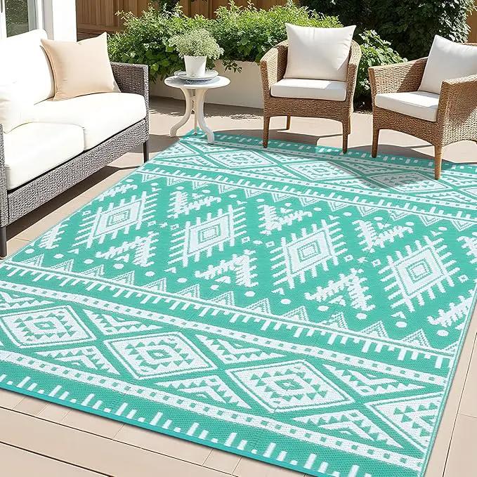 OLANLY Outdoor Rug Waterproof 6x9 ft, Reversible Outdoor Plastic Straw Rug, Boho Patio Rug, Indoor Outdoor Carpet, RV Mat Outside for Patio, Camp, Picnic, Balcony, Deck, Backyard, Turquoise & White by GreenHaven Gardens