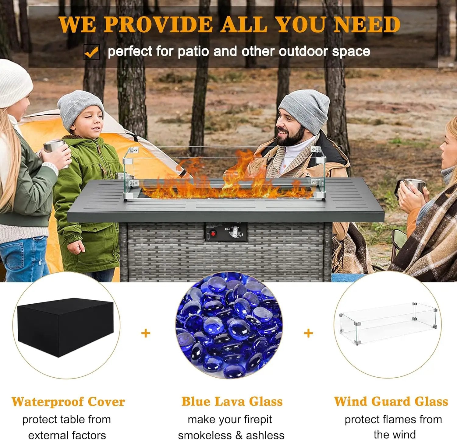 LayinSun 44" Propane Gas Fire Pit Table, 55000 BTU Rectangular Fire Pit with Glass Wind Guard for Outside Patio Deck Garden Backyard Gray-Aluminum Top by GreenHaven Gardens