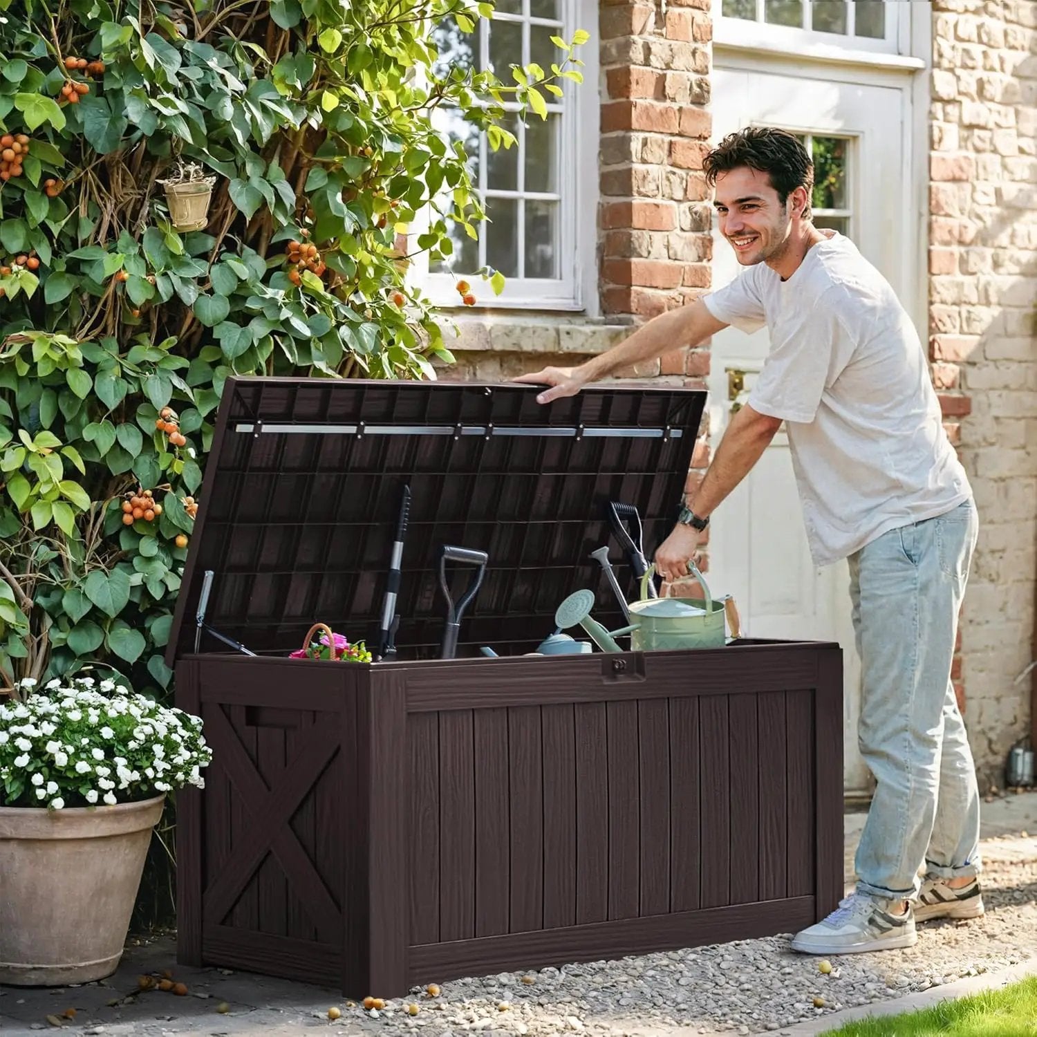 Greesum 120 Gallon Deck Box, Resin Outdoor Storage Container for Patio Furniture, Garden Tools, Pool Accessories, Weatherproof, Lockable, Brown by GreenHaven Gardens