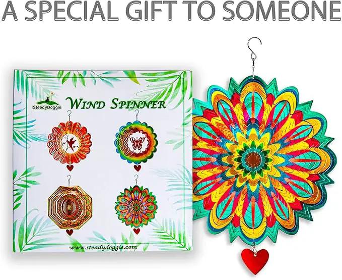 SteadyDoggie Wind Spinner Mandala Flame 12 inches - 3D Stainless Steel - Laser Cut Metal Art Geometric Pattern - Yard Spinners Outdoor - Hanging Wind Spinner, Kinetic Yard Art Decorations by GreenHaven Gardens