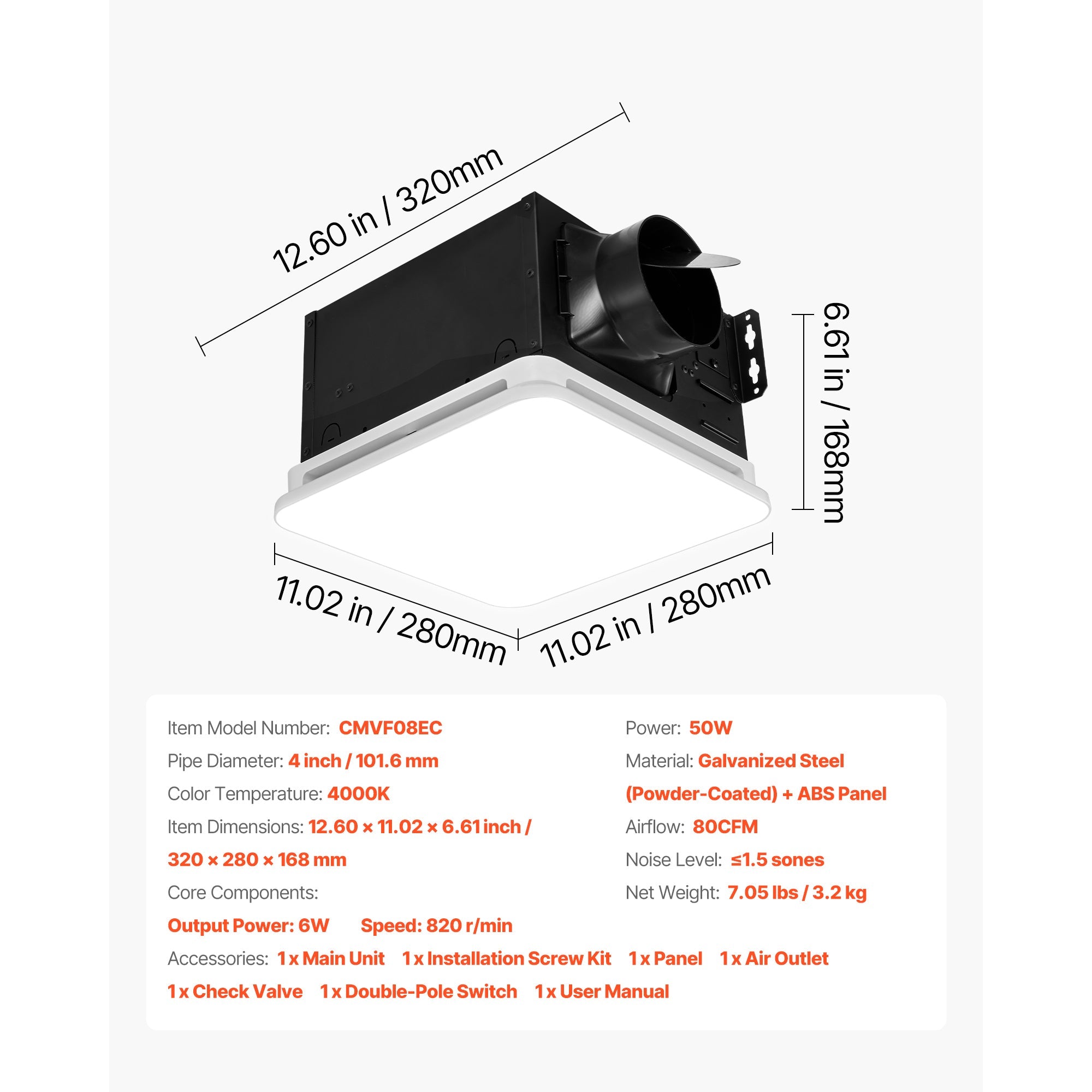 Bathroom Exhaust Fan with LED Light, 80 CFM, Low Noise by HouseOfZazla