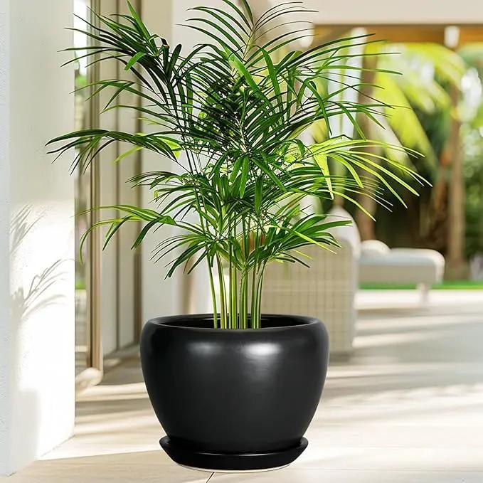 Ceramic Planter Pot - 8 Inch Plant Pot with Drainage Hole and Saucer Round Planter for Indoor Plants Modern Outdoor Flower Pot for House Balcony Black by GreenHaven Gardens