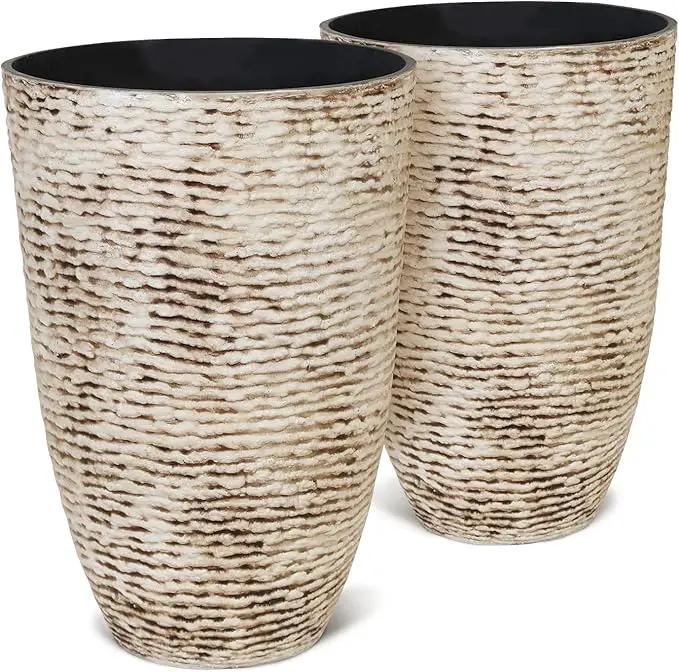 Worth 9 Gallon Tall Round Planters Set of 2-14" Dia x 21" H Stone Finish Flower Pots Indoor Decorative Container Garden Patio Unbreakable Beige by GreenHaven Gardens