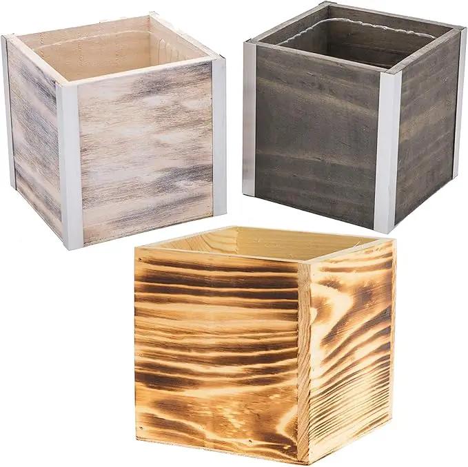 Wooden Planter Box, Rustic Burned Wood/Whitewash with Plastic Liner l Garden Decor l Restaurant and Wedding Decorations l Wood Box (5x5 Set of 4, Burned Wood) by GreenHaven Gardens