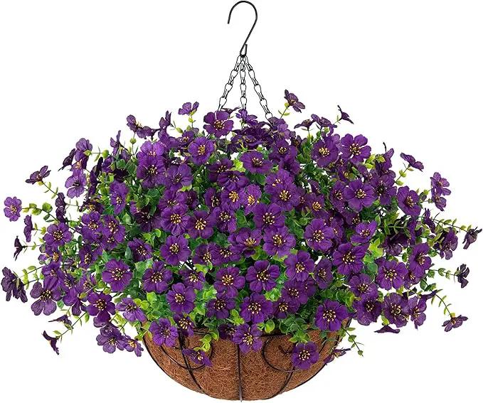 Artificial Fake Hanging Plants Flowers with Basket Outdoor Decor Faux Silk Dasiy Flower Arrangements in Pot Planter for Porch Home Indoor Patio Garden Yard Decoration by GreenHaven Gardens
