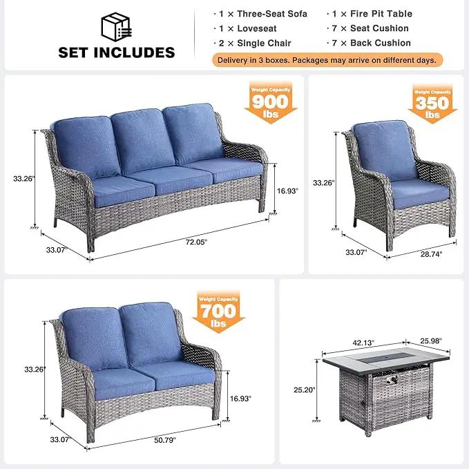 ovios 5 Pieces Patio Furniture Set with 42" Fire Pit Table, Outdoor Wicker Sofa with Loveseat, Comfy Cushions, High Back Couch Conversation Set, Grey Rattan, Denim Blue by GreenHaven Gardens