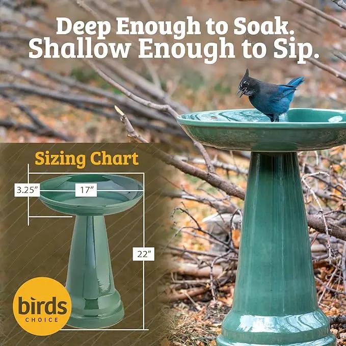 Birds Choice Ohio Stoneware Bird Bath | Pedestal Bird Bath, Stable Locking Top | Weather-Resistant Ceramic Clay, Glazed Finish | Outdoor Garden & Patio Decor | 22" H x 17" D, Summer Blue by GreenHaven Gardens