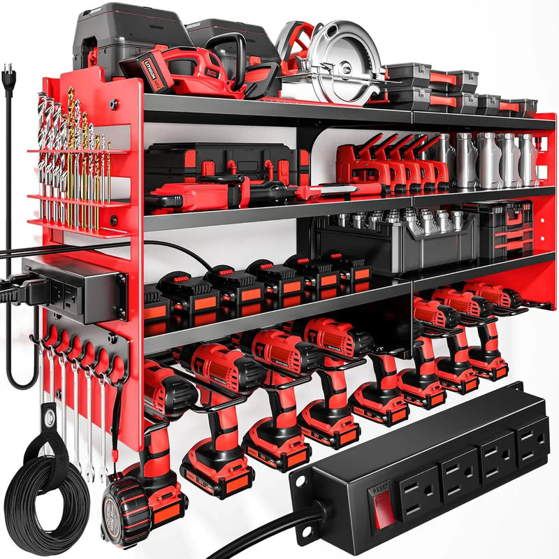Large Power Tool Organizer Wall Mount with Charging Station,4 Layer Heavy Duty Metal Tool Storage Shelf Loads 600lbs,Battery Utility Rack With 4 Outlet Power Strip with 8 Cordless Drill Holder by GreenHaven Gardens
