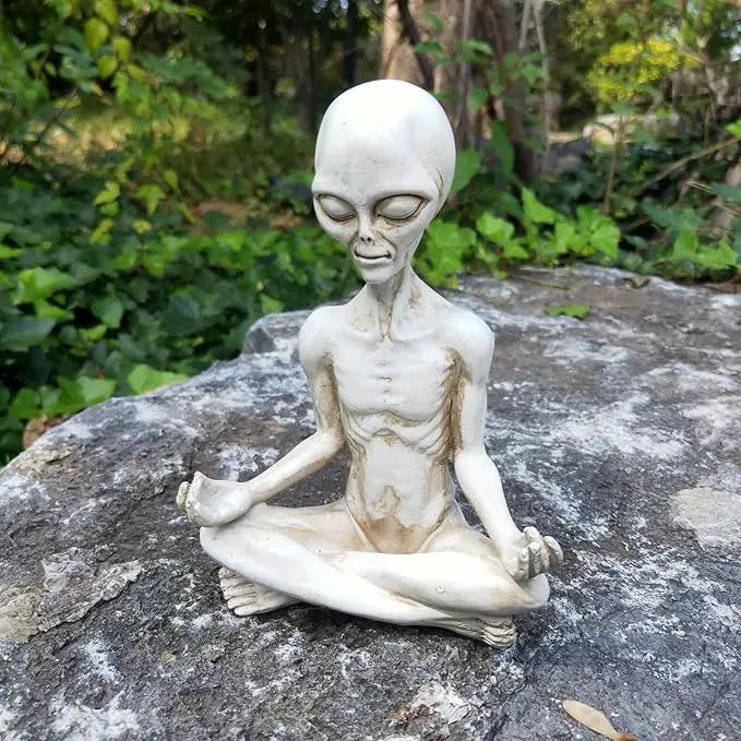 White Alien Statue, Resin Yoga Pose Alien Figure, 6.3" H Creative Yoga Alien Statue of The Thinker for Home Offcie Garden Decor Supplies by GreenHaven Gardens