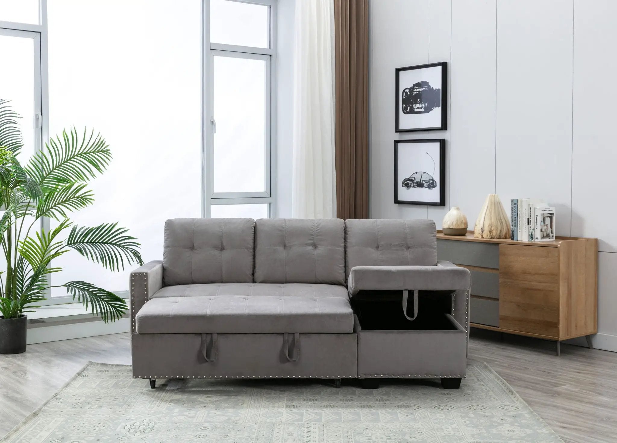Reversible Sectional Storage Sleeper Sofa Bed, L-Shape 2 Seat Sectional Chaise With Storage, Skin-Feeling Fabric by HouseOfZazla
