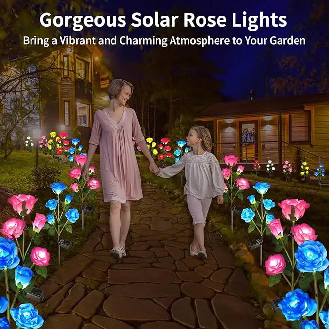 Solar Garden Lights, Solar Outdoor Lights with More Realistic 20 Rose Waterproof Solar Powered Flowers Lights for Outside Patio Yard Pathway Decorations, Blue and Pink by GreenHaven Gardens