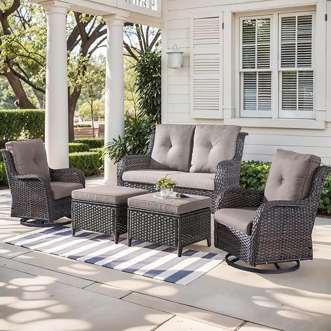 Outdoor Wicker Patio Furniture Set - 5 Piece Rattan Patio Conversation Set with 2 Rocking Swivel Chairs,2 Ottomans and 1 Loveseat for Porch Deck Backyard Garden(Brown/Grey) by GreenHaven Gardens