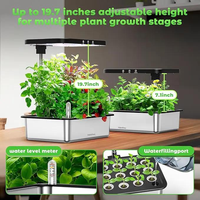 Stainless Steel Hydroponics Growing System kit Indoor Garden: 15 Pods Herb Garden with 24W Full Spectrum Grow Light, Hydroponic Gardening System with Silent Pump, Planting Height Up to 19.7" by GreenHaven Gardens