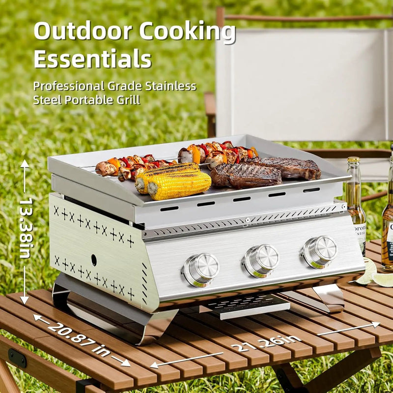 3-Burner Stainless Steel 2-in-1 Tabletop Grill and Griddle Combo, 24,000 BTU Portable Flat Top Propane Gas Grill for Commercial BBQ, Outdoor Cooking, Camping, Tailgates & Backyard by GreenHaven Gardens