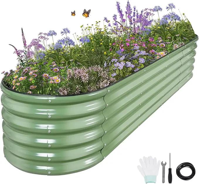 Galvanized Raised Garden Bed - 8x2x1.4FT Metal Planter Boxes Outdoor | Oval Steel Raised Bed Kit for Gardening with Protective Tape, Bracing Rods, Gloves for Vegetables, Flower, Herb (Green) by GreenHaven Gardens