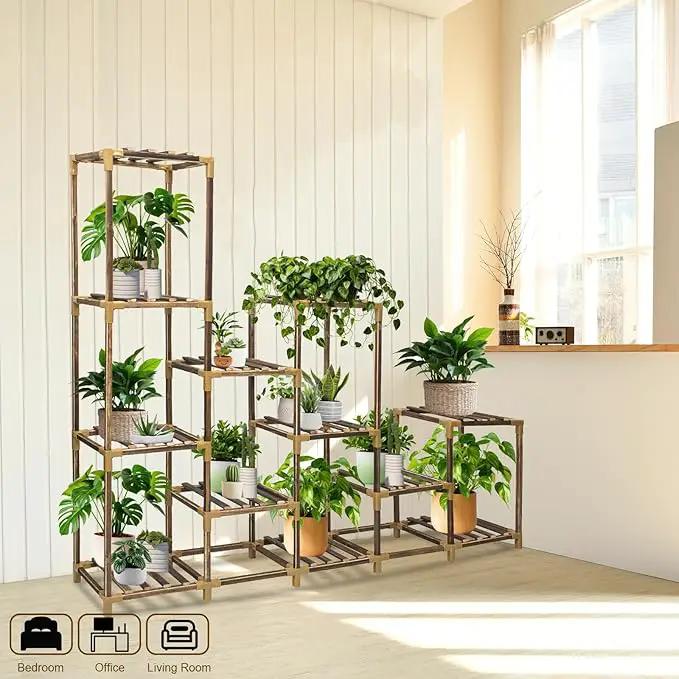 Plant Stand Indoor Outdoor, 12 Tier Plant Shelf for Multiple Plants, Large Wood Plant Shelf Combo Ideal for Gardens, Patios, and Lawns by GreenHaven Gardens