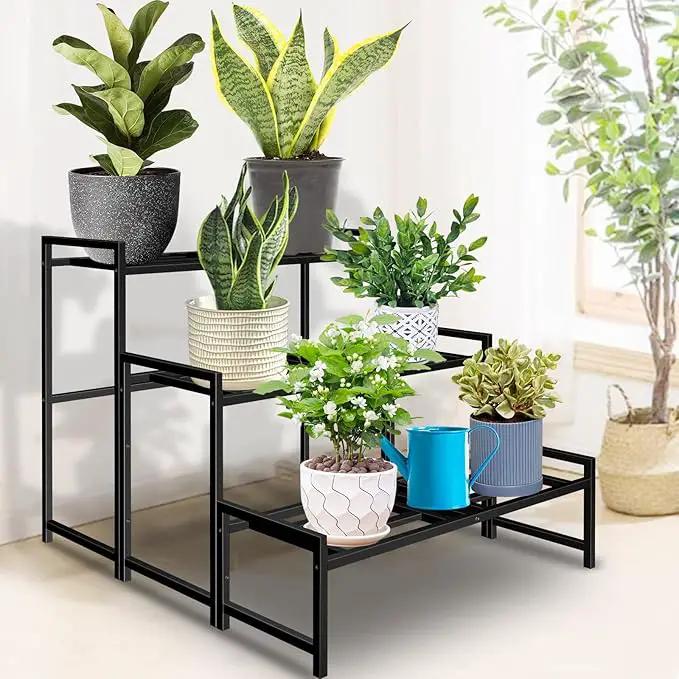 Plant Stand Indoor Outdoor, 3-Tier Wrought Iron Plant Stands, Stackable Metal Plant Shelf Decorative Outdoor Flower Stand Heavy Duty Pedestal Stands for Garden Deck Living Room, Black by GreenHaven Gardens