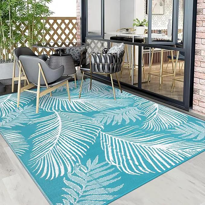 Pauwer Waterproof Outdoor Rug 8x10, Reversible Plastic Straw Patio Camping Rug, Indoor Outdoor RV Mat Carpet for Deck, Camper, Porch, Balcony, Backyard, Picnic, Leaf Teal by GreenHaven Gardens