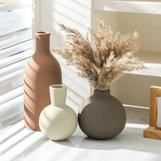 Vase Set of 3 | Ceramic Neutral Vases Home Decor | Rustic Flower Pottery Vases Modern Farmhouse Vase for Table Entryway Mantel Centerpiece Bookshelf Living Room Bathroom Bedroom -Brown Large by GreenHaven Gardens