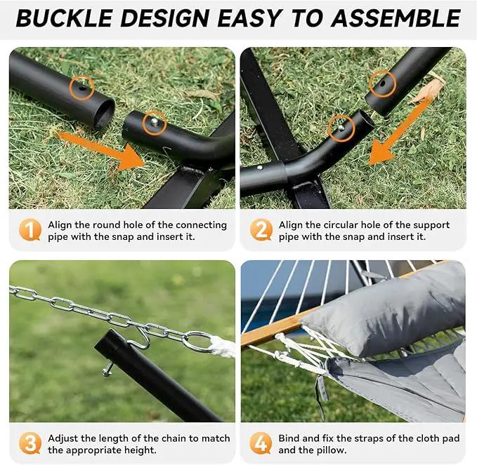 2 Person Outdoor Hammock with Stand, Cotton Rope Hammock with Polyester Pad, Adjustable Steel Frame, Portable with Carrying Bag – for Patio, Backyard, Garden, Beach, Urban-Gray by GreenHaven Gardens