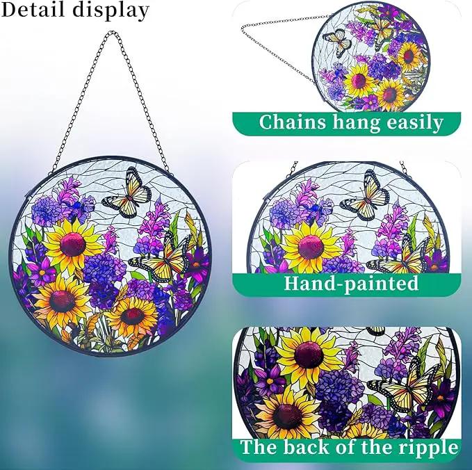 Butterfly Sunflower Stained Glass Suncatchers - Handcrafted Round Glass Art for Windows & Doors Décor - Decoration for Home Garden Christmas Party Wedding Housewarming Gifts by GreenHaven Gardens