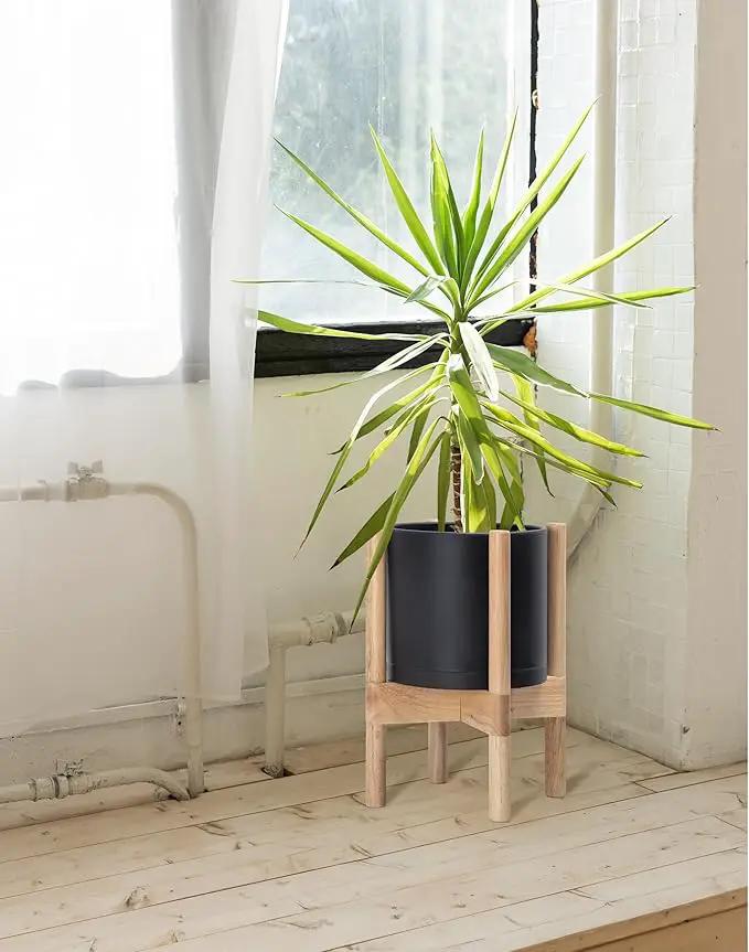 D'vine Dev Planter Pot with Stand - 8 Inch Plastic Cylinder Flower Pot with Wood Planter Holder for Indoor, Matte Black Pot + Natural Stand, 55-C-J-2 by GreenHaven Gardens