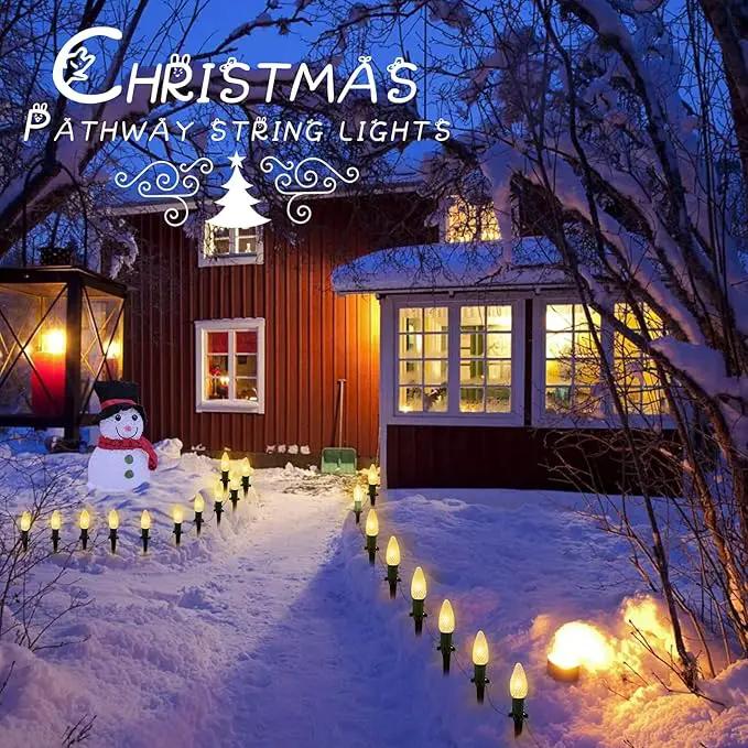 C9 Christmas Pathway Lights Outdoor, 25.7 Feet 20 LED C9 Strawberry Walkway Lights with Marker Stakes, Connectable Shatterproof C9 String Lights for Lane Outside Yard Decorations, Warm White, 4 Pack by GreenHaven Gardens