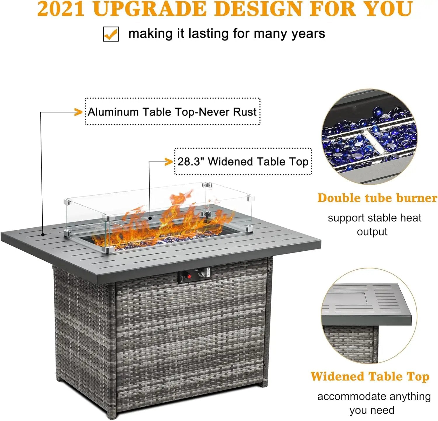 LayinSun 44" Propane Gas Fire Pit Table, 55000 BTU Rectangular Fire Pit with Glass Wind Guard for Outside Patio Deck Garden Backyard Gray-Aluminum Top by GreenHaven Gardens