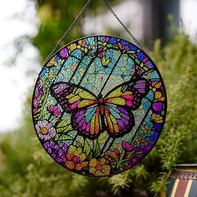 Butterfly Stained Glass Suncatcher Artistic Window Hanging,7.8” Hand-Painted Glass Panel Wall Home Decor,Gift for Women Garden Decor Suncatcher, BL009 by GreenHaven Gardens