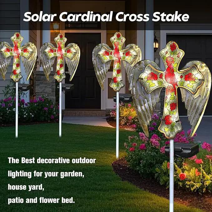 Solar Cross Garden Lights, Solar Cardinal Stake Lights Cemetery Decorations for Grave, Jesus Cross Sympathy Memorial Gifts for Mother Grandma, Glass Garden Art for Yard Lawn Patio Decor by GreenHaven Gardens
