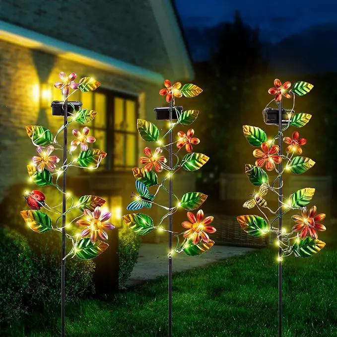 3 Pack Solar Garden Lights, Flower & Insect Metal Solar Stake Light, 23" H Outdoor Statues Figurine Lights for Garden Lawn Patio Yard Decoration by GreenHaven Gardens