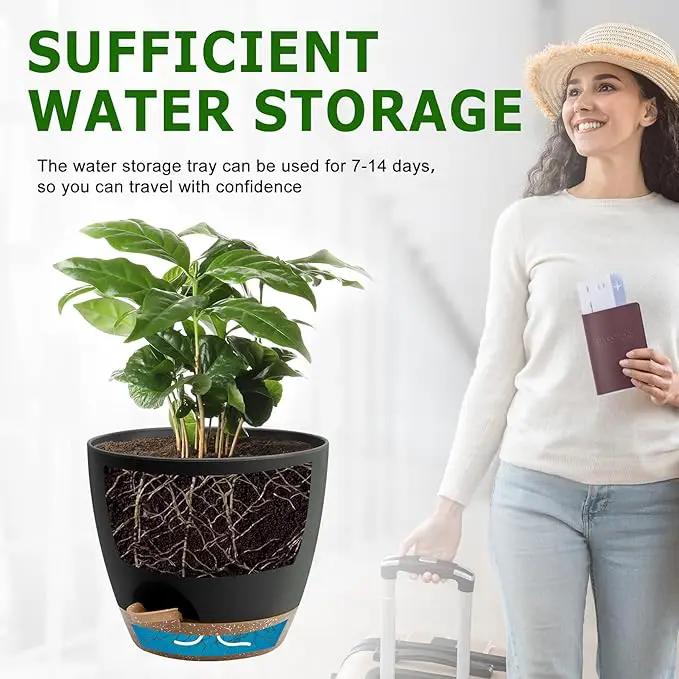 Plant Pots 10/9/8/7.5/7 Inch Self Watering Pots, Set of 5 Plastic Planters with Drainage Holes and Saucers,Plastic Flower Pots,Nursery Planting Pot for Indoor Out Door Plants(Black Brown) by GreenHaven Gardens