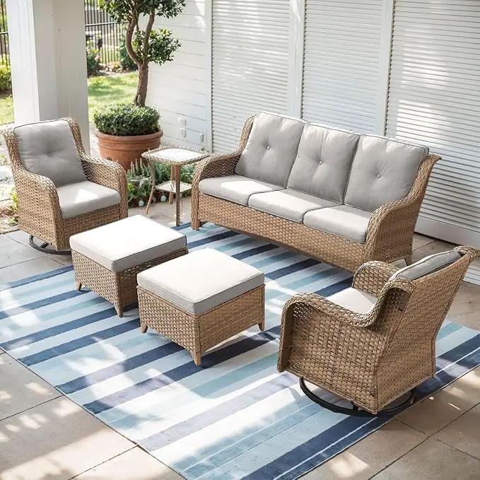 Outdoor Wicker Patio Furniture Set - 6 Piece Rattan Patio Conversation Set with 2 Rocking Swivel Chairs,2 Ottomans,1 Sofa and 1 Side Table for Porch Deck Backyard Garden(Yellow/Beige) by GreenHaven Gardens