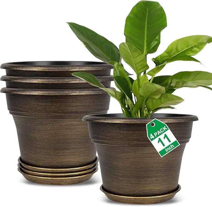 Plant Planters Pots Set of 4 Pack 11 Inch, Plastic Flower Pot for Indoor Plants with Drainage Holes & Trays, Resin Decorative Container Sets with Saucer for House Outdoor Garden Planters Dark Gold by GreenHaven Gardens