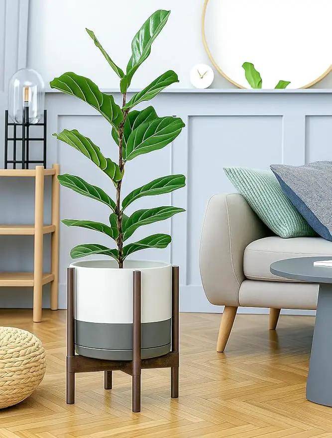 D'vine Dev Ceramic Planter with Walnut Color Stand - 12 Inch Modern Round Flower Pot with Wood Planter Holder, White/Grey, 55-B-W-6 by GreenHaven Gardens
