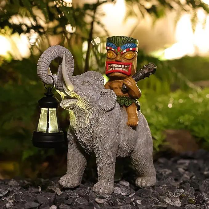 Solar Tiki Statue-Outdoor Statues-Tiki Bar Decor-Solar Powered Light Garden Figurine Tiki Decoration for Bar,Patio,Balcony,Yard,Lawn,Table,Riding A Elephant 9.09 Inches Tall by GreenHaven Gardens