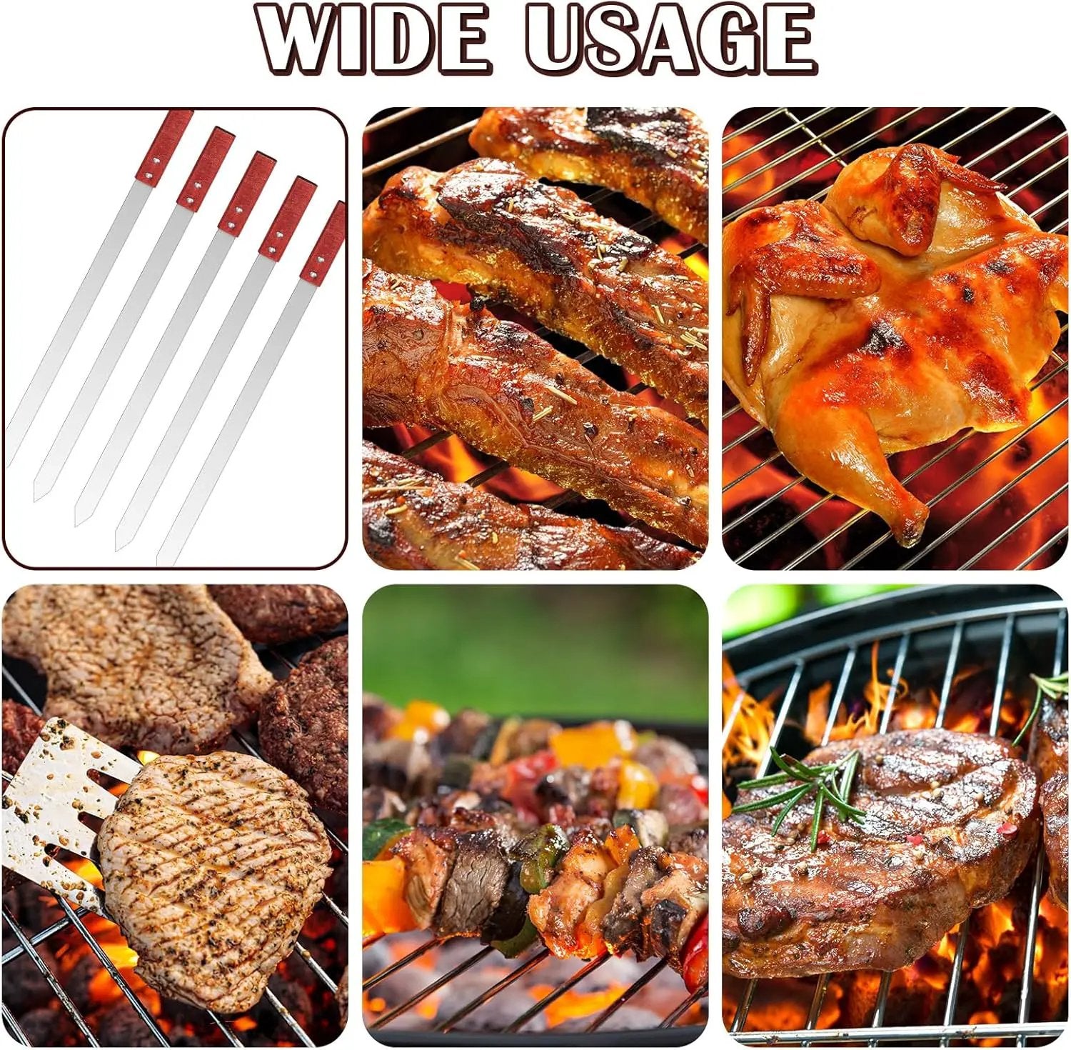 Zhehao 16 Pcs Heavy Duty Kabob Skewers 1 Inch Wide 2 mm Thin Kabob BBQ Stainless Steel Metal Skewers for Grilling with Wooden Handles, Silver(23 Inch Long) by GreenHaven Gardens