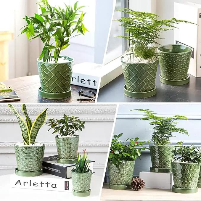 EFISPSS Flower Planter –5 inch Ceramic Plant Pots with Drainage Hole and Ceramic Tray - Gardening Home Desktop Office Windowsill Decoration Gift Set of 4 - Plants NOT Included by GreenHaven Gardens