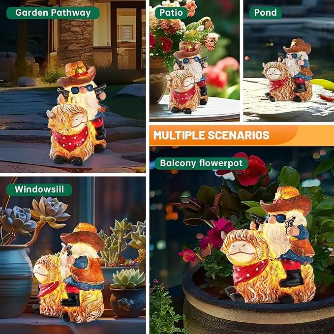 Garden Gnome Statue on Highland Cow with Solar Lights – Funny Outdoor Resin Decor for Patio, Lawn, Yard – Unique Gift for Women, Grandma, Mother's Day, Birthday, Housewarming by GreenHaven Gardens