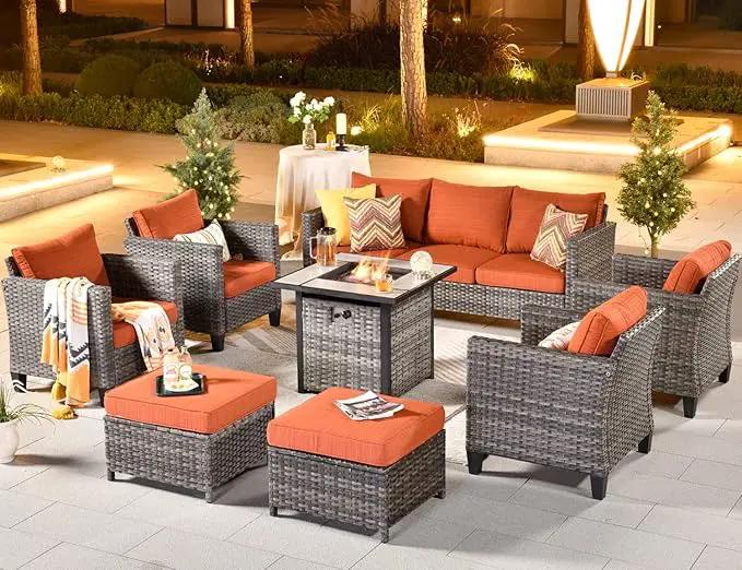 ovios 8 Pieces Patio Furniture Set with 30" Fire Pit Table, Outdoor Wicker Sofa with Comfy Cushions, All Weather High Back Rattan Couch Conversation Set, Orange Red by GreenHaven Gardens
