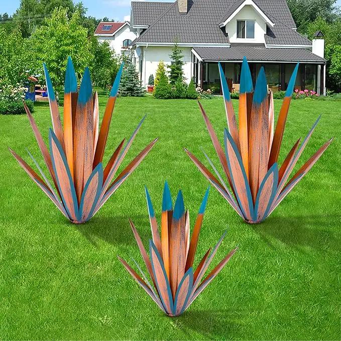 Large Tequila Rustic Sculpture, Rustic Metal Agave Plants for Outdoor Patio Yard, Home Decor Hand Painted Metal Agave Garden Yard Statue, Outdoor Lawn Ornaments (2 Big 1 Small) by GreenHaven Gardens